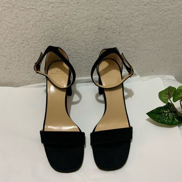 New Ann Mashburn black suede ankle Strap sandals size 38.5 heels 3” - Picture 8 of 11